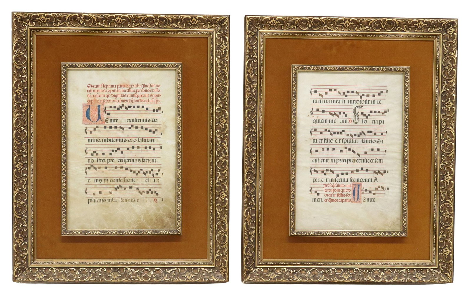 (2) FRAMED ANTIPHONARY LEAVES LITURGICAL HYMN SHEET MUSIC MANUSCRIPTS: (lot of 2) Framed liturgical sheet music manuscripts on parchment, likely leaves from an antiphonary, with ornamental initials, including: (1) Venite (Psalm 95), (1) Gloria Patri, sight: approx 1