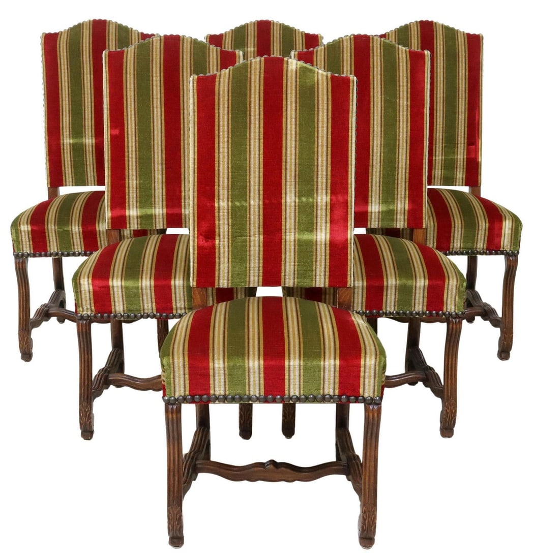 (6) FRENCH LOUIS XIV STYLE HIGHBACK DINING CHAIRS: (lot of 6) French Louis XIV style highback side chairs, 20th c., having padded back and seat in fabric upholstery, nailhead trim, rising on stretcher-joined volute supports, ending on whorl feet, appr