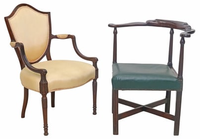 (2) HEPPLEWHITE STYLE & GEORGIAN STYLE UPHOLSTERED ARMCHAIRS