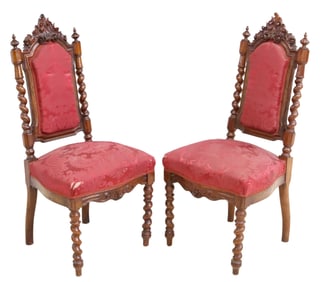 (2) HENRI II STYLE UPHOLSTERED WALNUT HALL CHAIRS