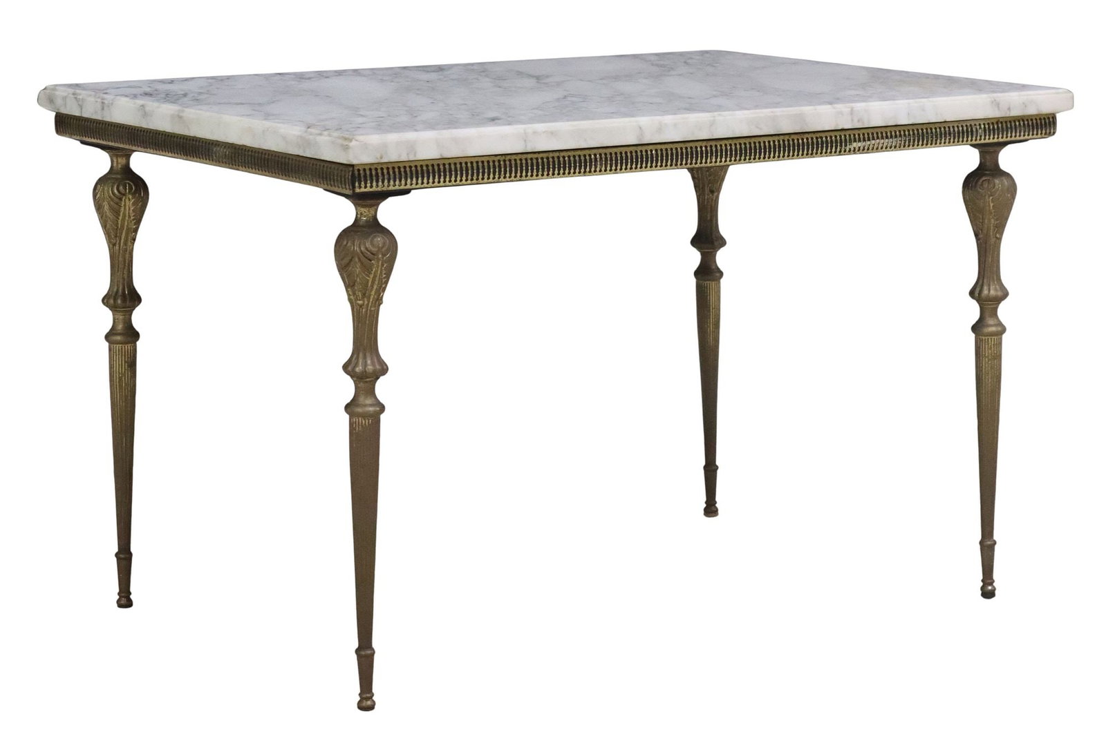 ITALIAN MARBLE-TOP GILT METAL COFFEE TABLE: Italian gilt metal coffee table, 20th c., having rectangular marble top, rising on fluted and tapered supports, approx 18"h, 29.5"w, 20"d