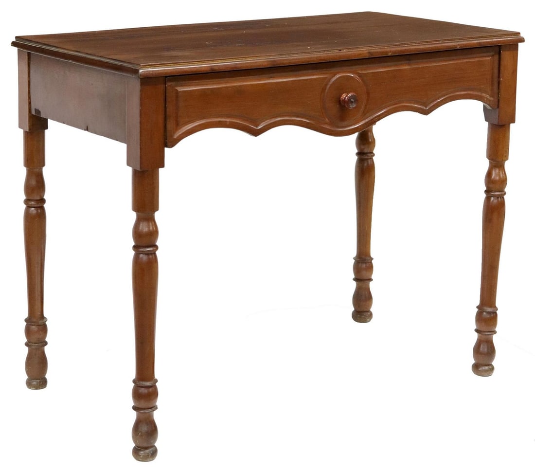 SPANISH WALNUT WRITING TABLE/ DESK: Walnut writing table/ desk, Spain, 19th c., having rectangular top, over single shaped drawer, rising on turned legs, approx 30 5/8"h, 38"w, 21.25"d