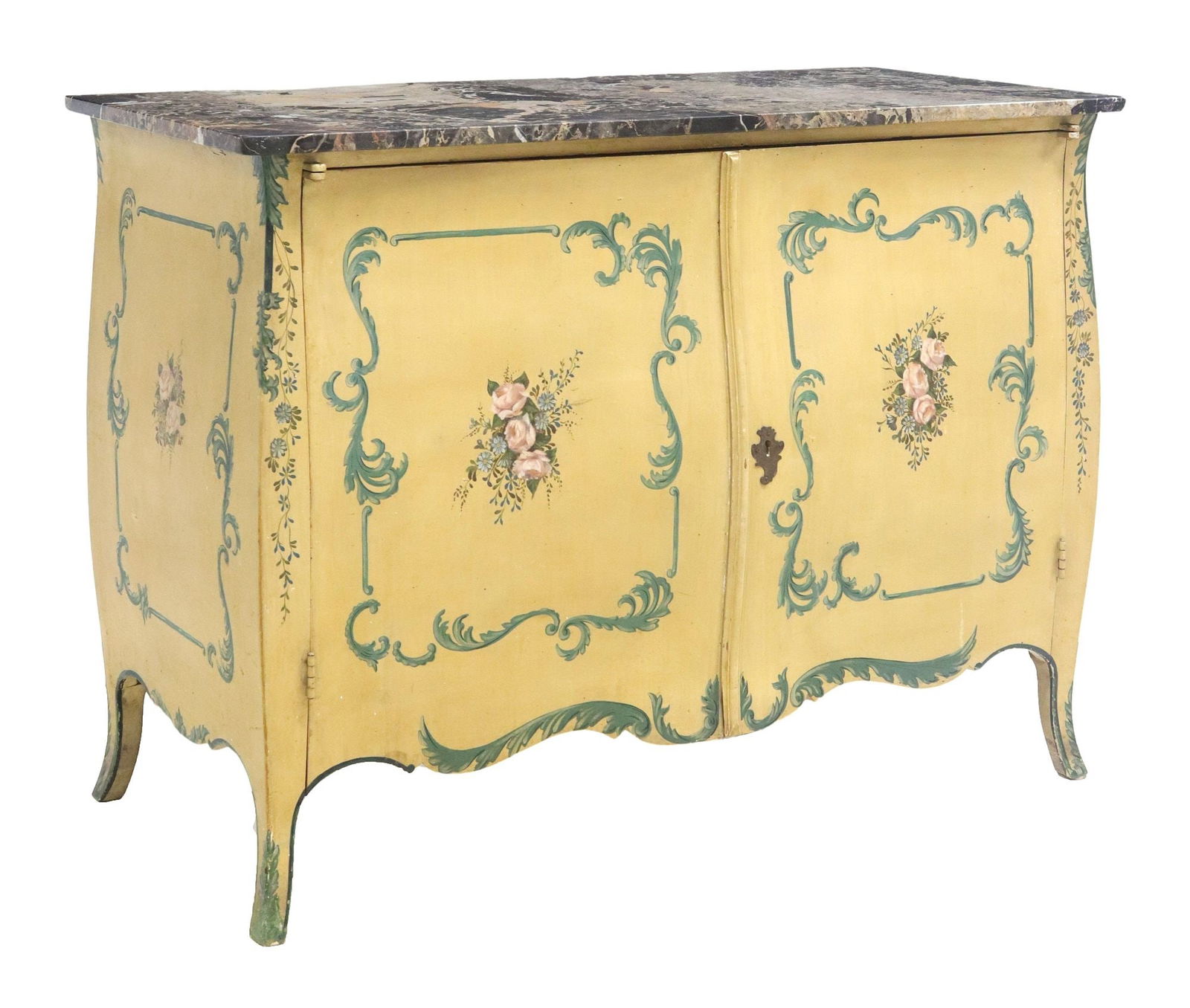 ITALIAN PAINT-DECORATED MARBLE-TOP BOMBE COMMODE: Italian paint-decorated bombe commode, early 20th c., having marble top, over case with in painted pale yellow ground, decorated with scrolls and foliate arrangements, opening to two small drawers, ov