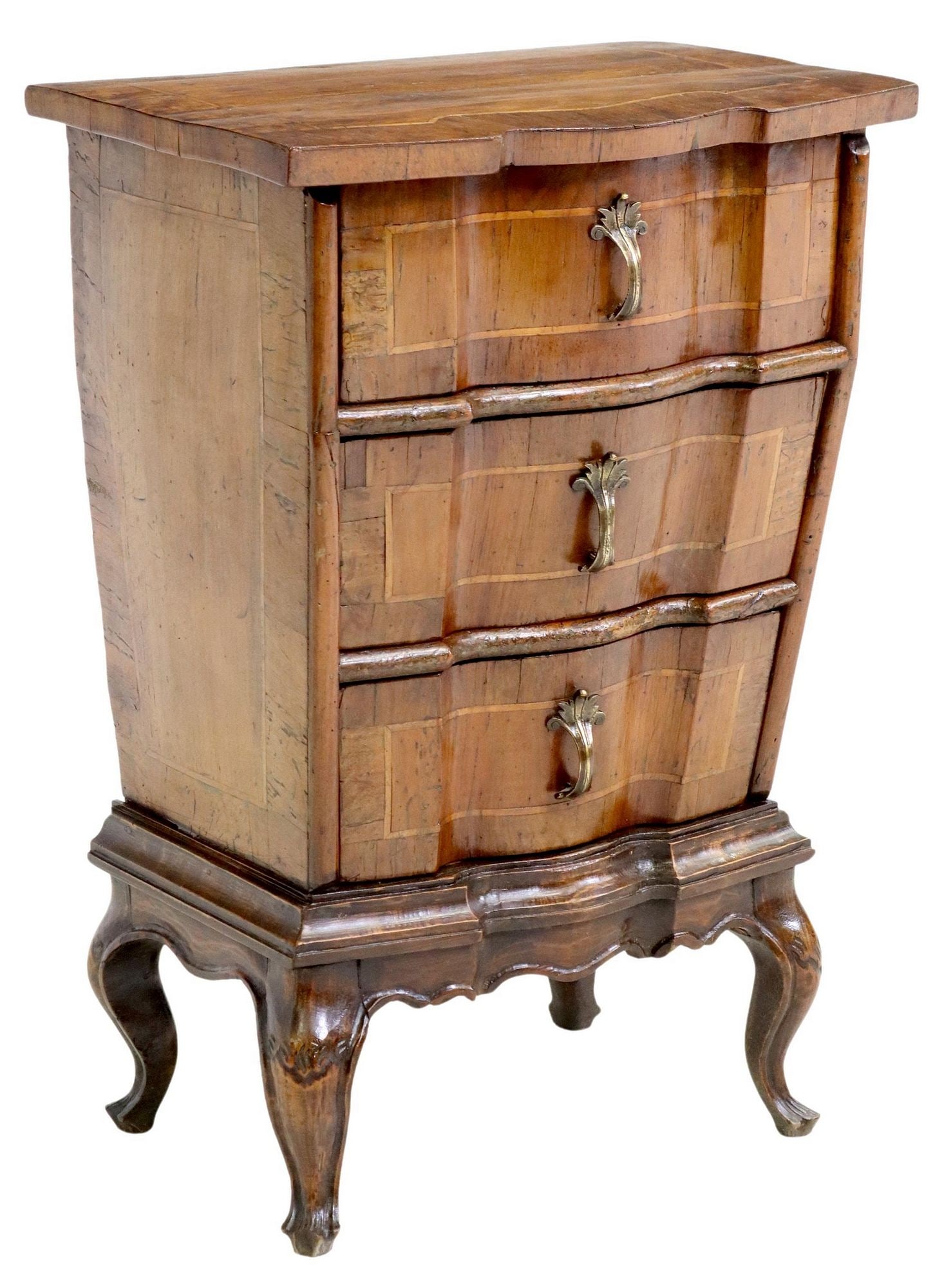 ITALIAN BANDED WALNUT SIDE CABINET: Italian walnut side cabinet, early 20th c., tapering case with banded top, three drawers, cabriole legs, on trifid feet, approx 28.5"h, 19.5"w, 13.25"d