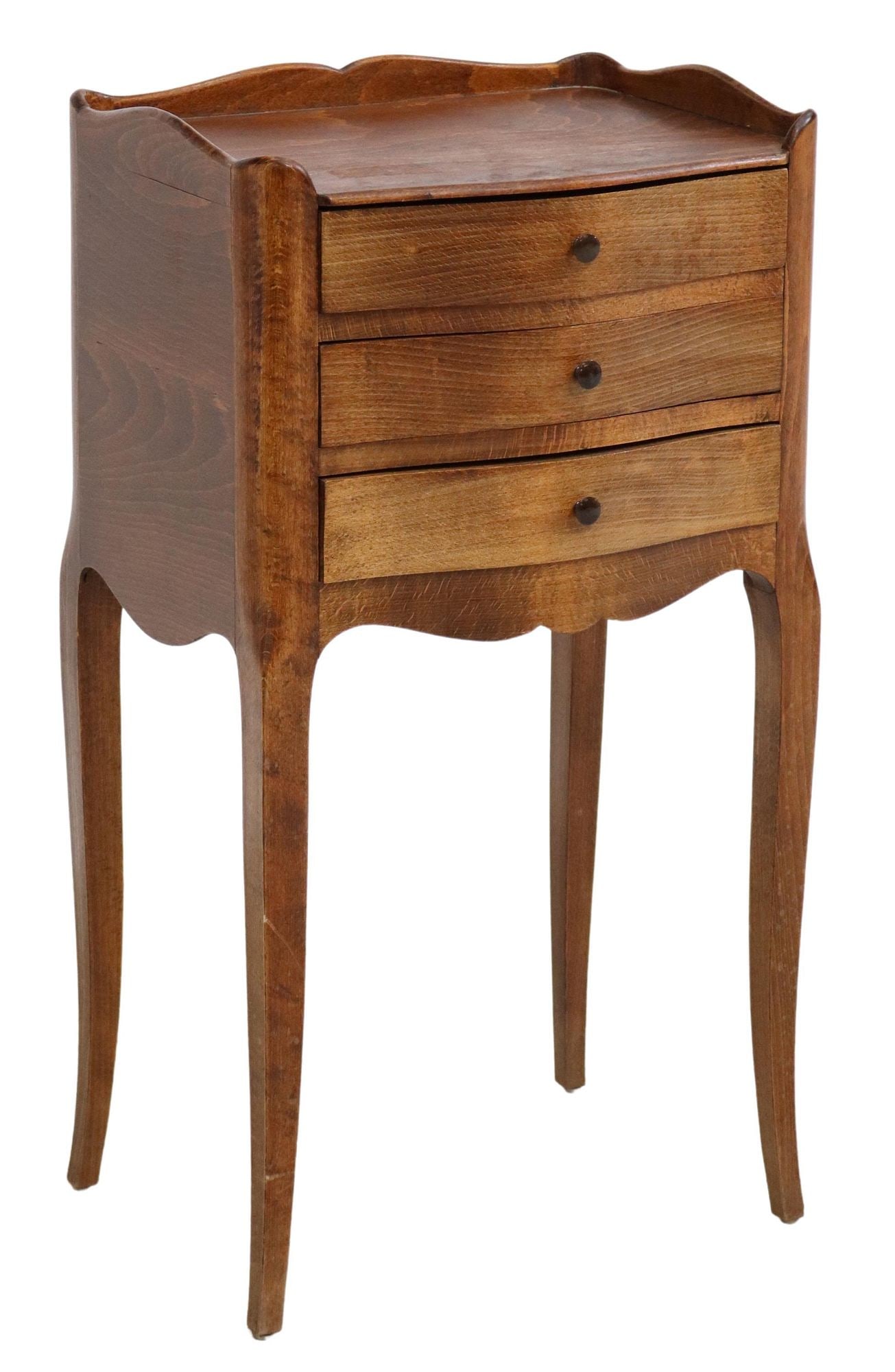 FRENCH LOUIS XV STYLE THREE-DRAWER WOOD NIGHTSTAND: French Louis XV style wood nightstand, early 20th c., having shaped top, over three drawers, rising on cabriole legs, approx 26.5"h, 14"w, 11"d