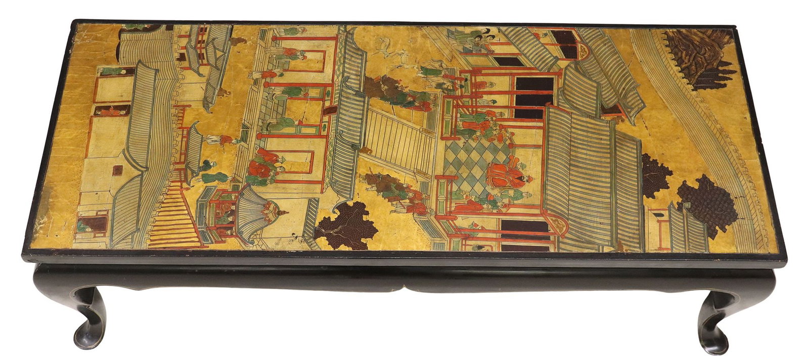CHINESE BLACK & COROMANDEL LACQUER LOW TABLE: Chinese Coromandel parcel-gilt and black lacquered low table, 20th c., inset lacquer panel with figural courtyard scene, rising on cabriole legs, ending on pad feet, approx 14.75"h, 45.75&qu