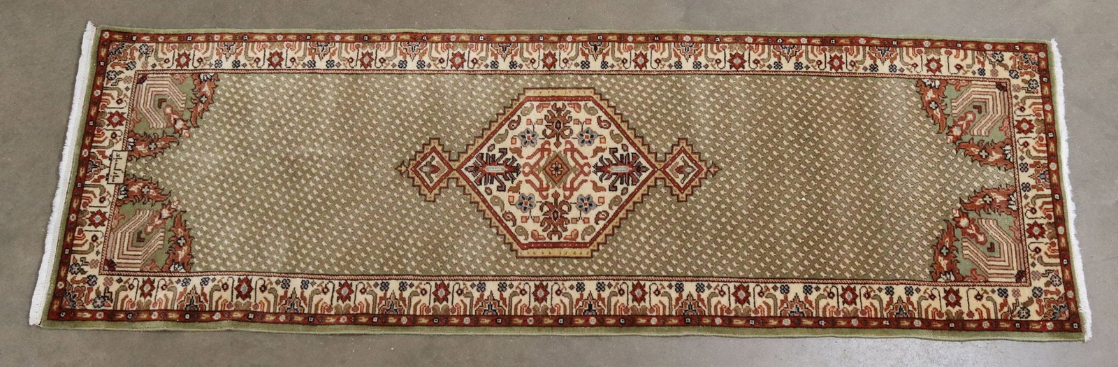 HAND-TIED PERSIAN RUNNER, 2'6" X 7'9": Hand-tied Persian runner, woven signature at one end, approx 2'6"l, 7'9"w **Please Note: All of the rugs offered in this auction would likely benefit from a professional cleaning. Es