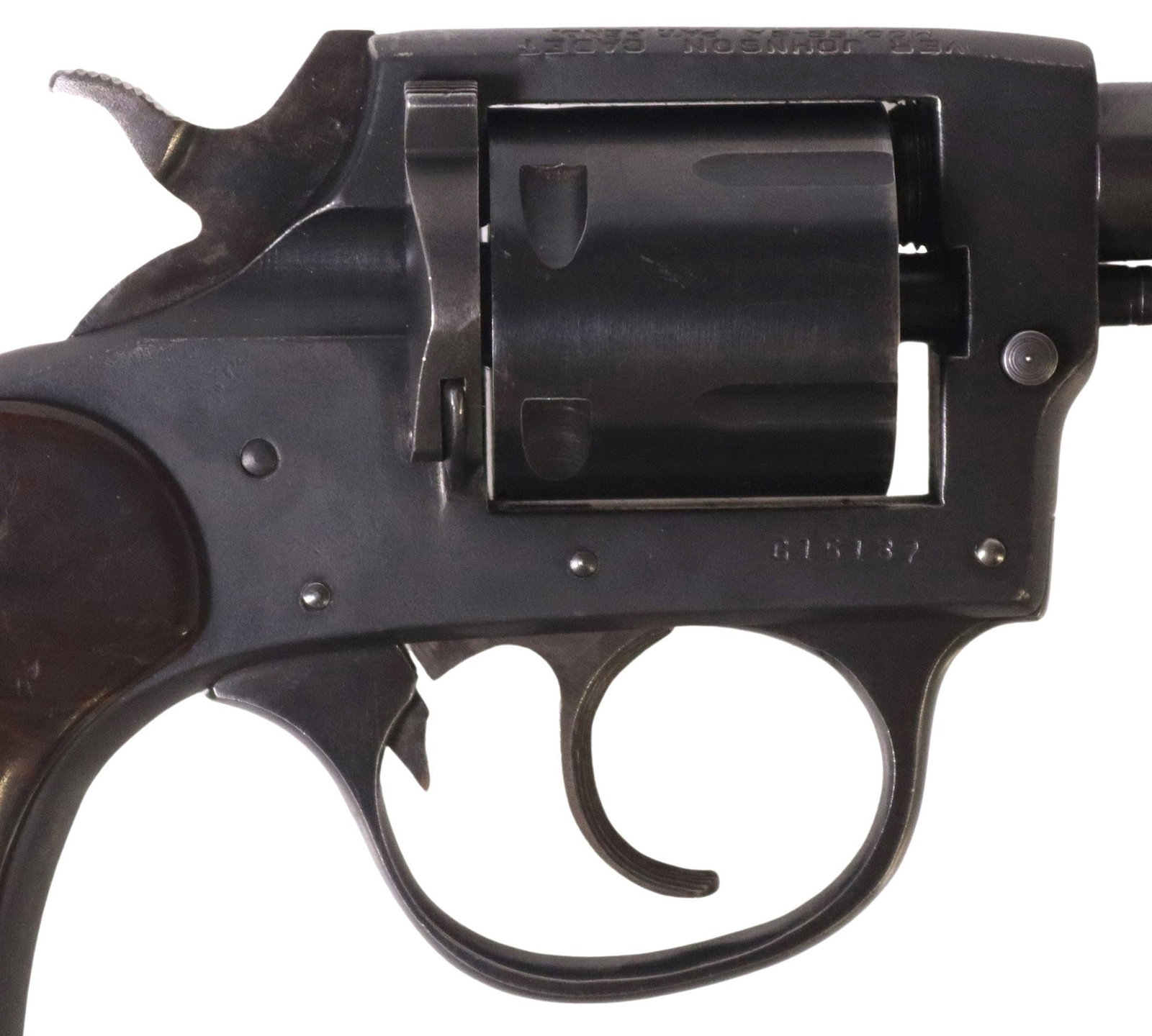 IVER JOHNSON CADET .38 REVOLVER: Iver Johnson Cadet Revolver, double action, .38 caliber, dark matte finish, 2.5" barrel, blade front sight, five round fluted cylinder, plastic grips, finish is good with some loss at cylinder, a