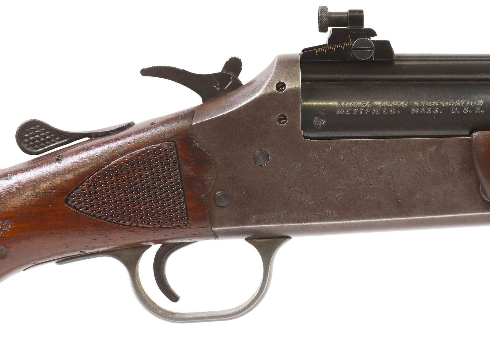 SAVAGE 24J-DL COMBO 20GA & .22LR OVER/UNDER SHOTGUN/RIFLE: Savage Model 24J-DL Combination Over/Under Rifle Shotgun, .22LR over 20 gauge 3" chamber shotgun, 24" barrels, ramp front sight, mounted Williams adjustable peep sight, the receivers wi