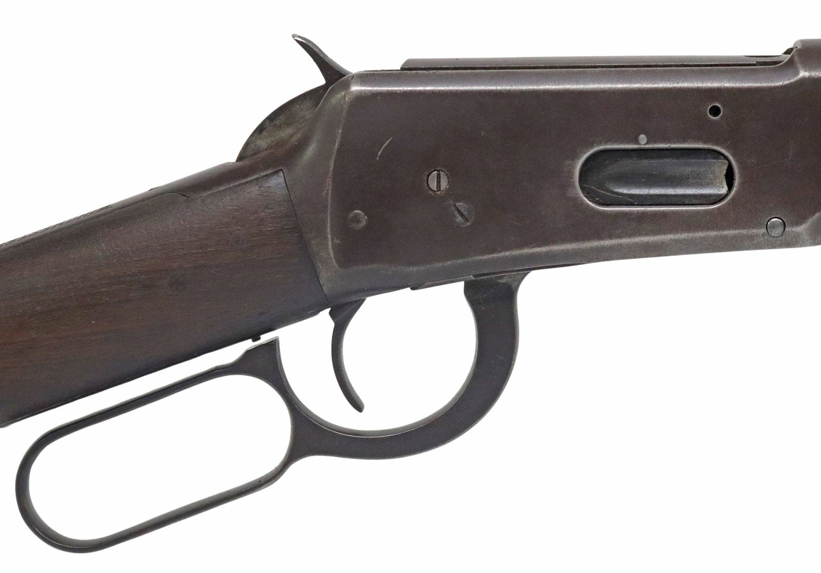 WINCHESTER 94 RIFLE, 30-30 CALIBER, TEXAS PRISON: Winchester Model 94 Rifle, mfg. 1936, lever action, .30-30 caliber, 20" barrel over the tubular magazine, ramp front sight, rear sight, walnut stock, wood and metal with scratching, rubs, fi