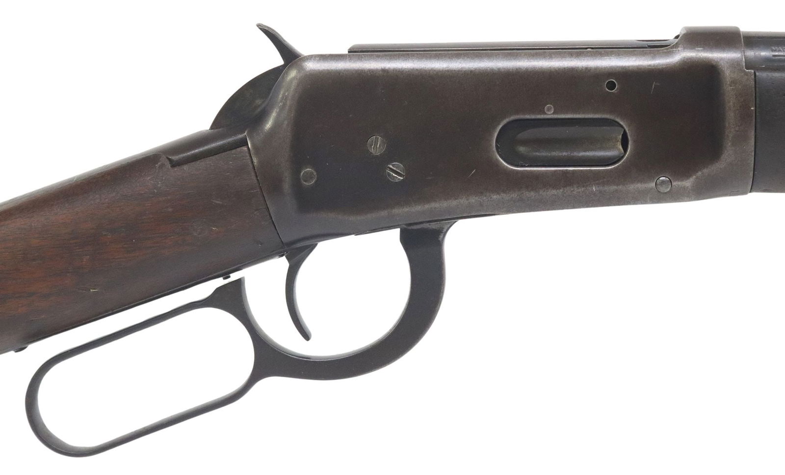 WINCHESTER 94 RIFLE, .30-30 CALIBER, TEXAS PRISON: Winchester Model 94 Rifle, mfg. 1933, lever action, .30 WCF caliber, 20" barrel over the tubular magazine, ramp front sight, lacks rear sight, walnut stock, steel butt plate, wood with