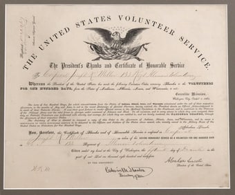 FRAMED U.S. CIVIL WAR VOLUNTEERS HONERABLE SERVICE CERTIFICATE