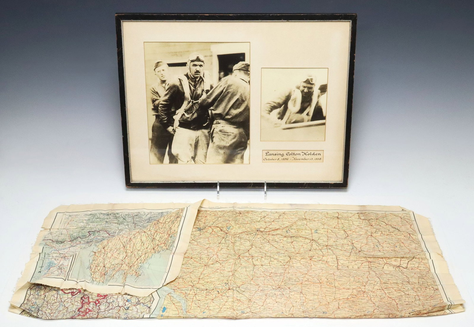 (2) WWI SILK FLYERS MAP & WWI FLYING ACE PHOTO: (lot of 2) WWII two sided silk map of Europe for Army Air Corps flyers who might be stranded, numbered 43/1 and 43/b, one side with France, Belgium and Holland, The Pyrenees (Sheet A), the 