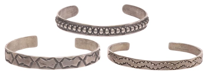 (3) NATIVE AMERICAN & DOUGLASS ETSITTY SILVER CUFF BRACELETS,