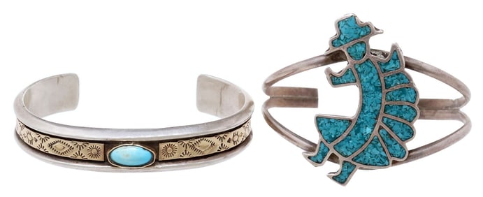 (2) SOUTHWEST SILVER & TURQUOISE CUFF BRACELETS