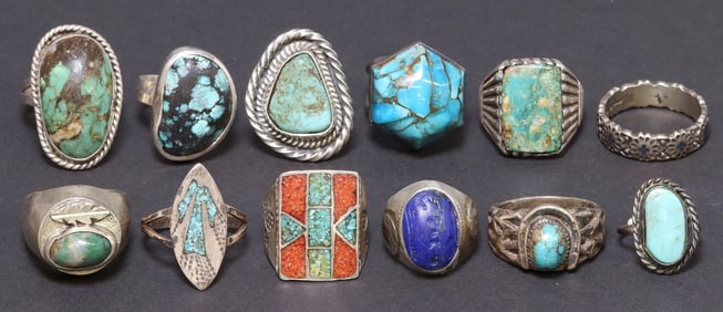 (12) SOUTHWEST STYLE SILVER & OTHER METAL TURQUOISE CABOCHON RINGS
