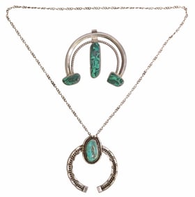 (2) NATIVE AMERICAN SILVER TURQUOISE & MALACHITE NAJA PENDANTS