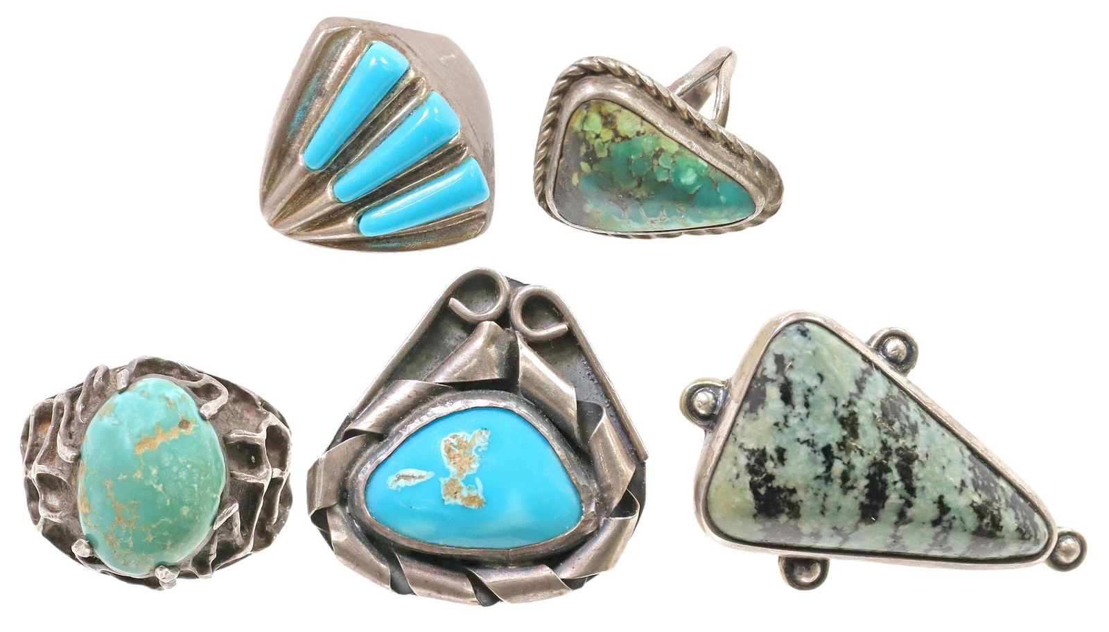 (5) SOUTHWEST SILVER, TURQUOISE & BLUE CABOCHON RINGS: (lot of 5) Southwest silver and blue cabochon rings, including: (2) sterling silver rings, (one) fan-form ring with solid blue cabochons, marked size 6, hallmarked OTT sterling, approx size 5.75-