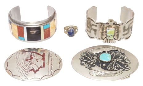 (5) SOUTHWEST JEWELRY BELT BUCKLES, CUFFS & RING