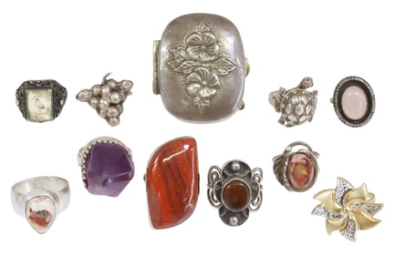 (11) COLLECTION OF STERLING & OTHER SILVER GEMSTONE RINGS, 1 PILL BOX