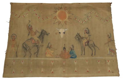 NATIVE AMERICAN STYLE PICTORIAL PAINTING ON WOVEN TEXTILE