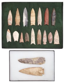 (18) STONE ARROWHEADS, SPEAR POINTS & TOOLS IN RIKER BOXES