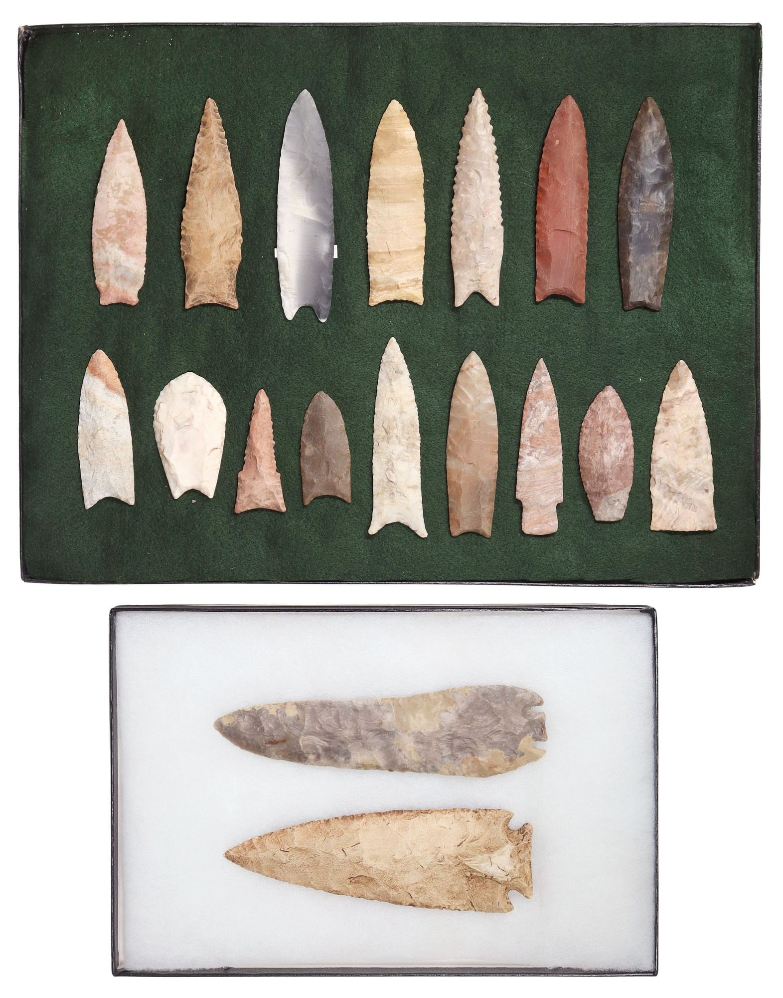 (18) STONE ARROWHEADS, SPEAR POINTS & TOOLS IN RIKER BOXES: (lot of 18) Stone arrowheads, spear points, and tools, housed in two Riker boxes, largest point: approx 7.25"l, 2"w, largest box: approx 1"h, 16.5"w, 12.5"d, 4.75lbs tota