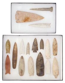 (17) STONE ARROWHEADS, SPEAR POINTS & TOOLS IN RIKER BOXES