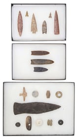 (19) STONE ARROWHEADS, SPEAR POINTS, BEADS & TOOLS IN RIKER BOXES