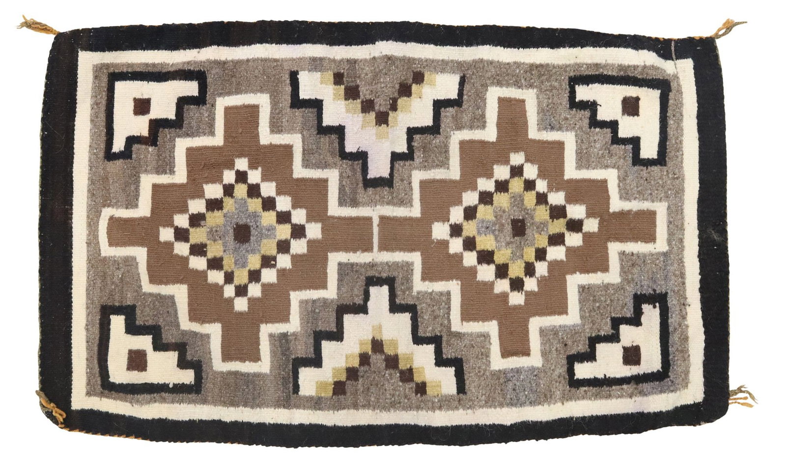 NATIVE AMERICAN NAVAJO HANDSPUN 'TWO GRAY HILLS' RUG, 3'1.5" X 1'10": Native American handspun wool rug, Navajo, New Mexico, c.1960s-1970s, with "Two Grey Hills" design, woven "spirit line" near one corner, small hole near one corner, approx 3&#