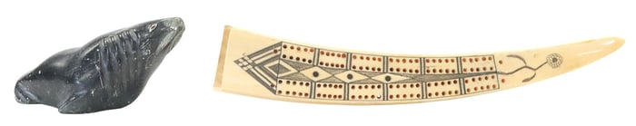 (2) WALRUS TUSK SCRIMSHAW CRIBBAGE BOARD & INUIT STONE SEAL