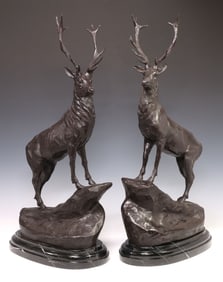 (2) AFTER JULES MOIGNIEZ PATINATED BRONZE STAGS ON MARBLE BASE