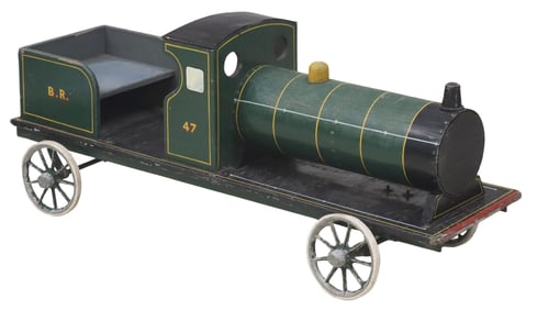 LARGE ENGLISH FOLK ART PAINTED WOOD MODEL TRAIN LOCOMOTIVE, 48"L