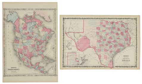(2) JOHNSON'S NEW MAP OF TEXAS & JOHNSON'S U.S. MAP, C. 1860'S