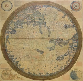 LARGE FRAMED FACSIMILE FRA MAURO MAP OF THE WORLD, 86" X 88"