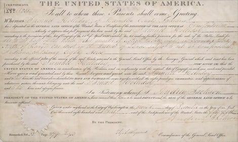 ANDREW JACKSON SIGNED FRAMED PRESIDENTIAL LAND GRANT DATED 1830