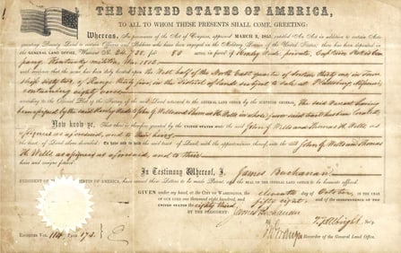 PRESIDENT JAMES BUCHANAN SIGNED WAR OF 1812 U.S. LAND GRANT, DATED 1858