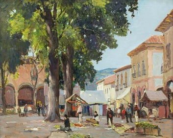 ANTHONY THIEME (1888-1954) PAINTING MEXICAN VILLAGE SQUARE