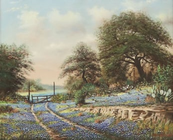 WILLIAM R. THRASHER (TX, 1908-1997) PAINTING, BLUEBONNET LANDSCAPE