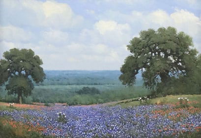 RANDY PEYTON (TEXAS, B.1958) OIL PAINTING, BLUEBONNETS LANDSCAPE