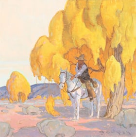 ERIC BOWMAN (B.1960) WESTERN OIL PAINTING, COWBOY & HIS HORSE, 6" X 6"