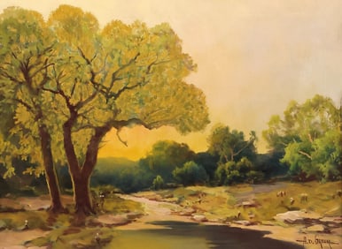 A.D. GREER (TEXAS, 1904-1998) OIL PAINTING, SUNRISE CREEK LANDSCAPE