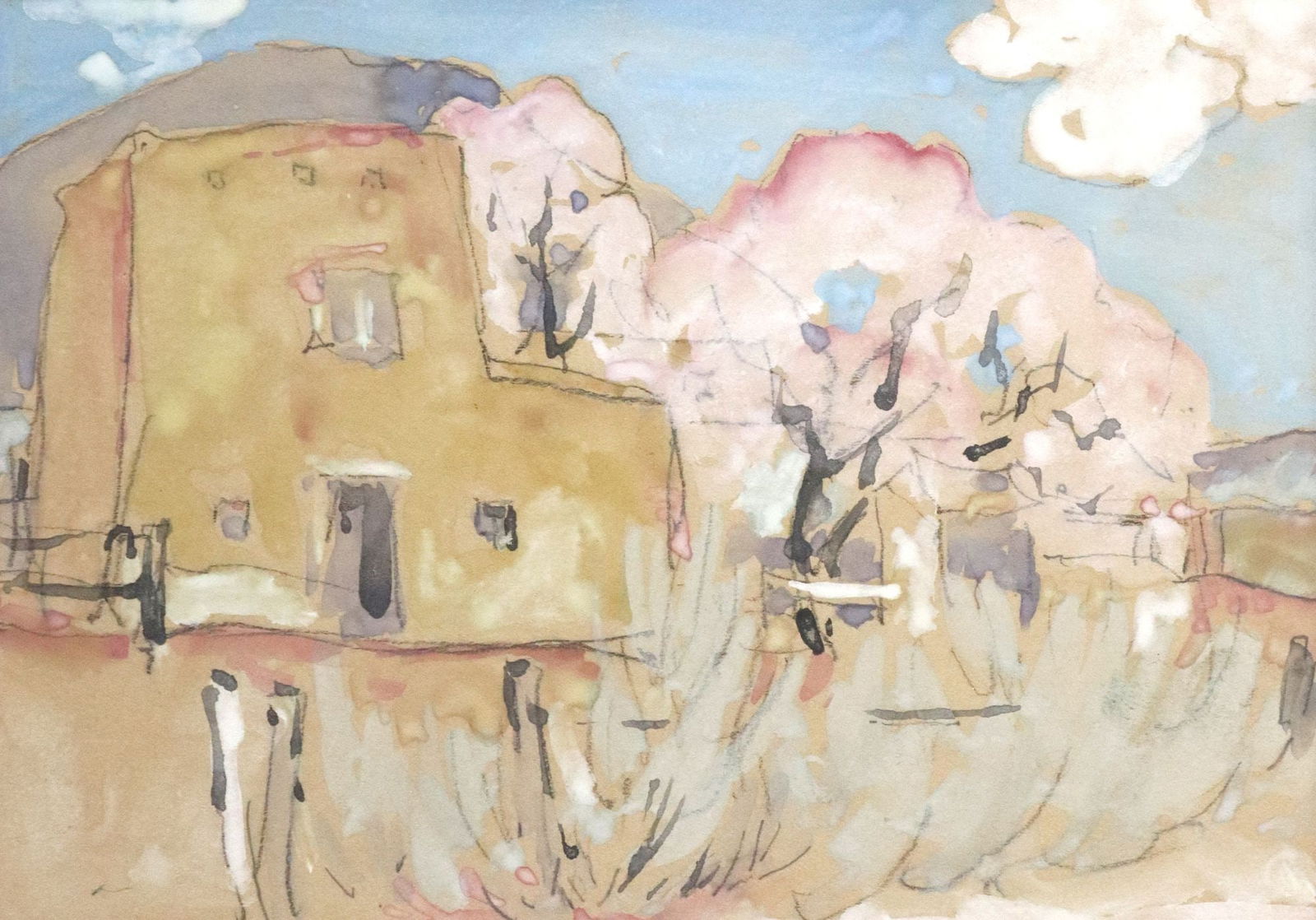 WILLIAM PENHALLOW HENDERSON (1877-1943) WATERCOLOR PUEBLO ADOBE: Framed pencil and watercolor painting, "Pueblo Adobe With Peach Tree," attributed to William Penhallow Henderson (New Mexico, Kansas, 1877-1943), retaining Gerald P. Peters, Santa Fe, New Mexico galle