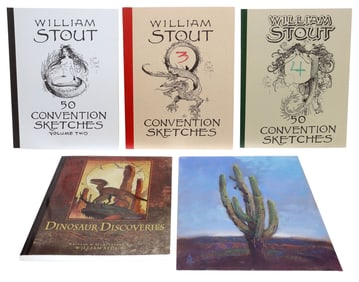 (5) WILLIAM STOUT (B.1949) ACRYLIC CACTUS PAINTING & 4 SIGNED ART BOOKS