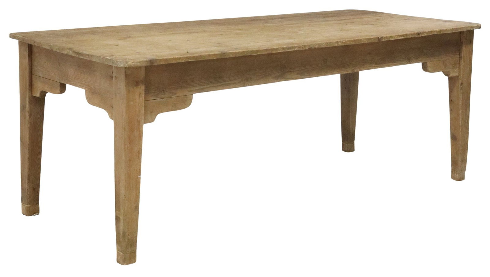LARGE RUSTIC SCRUBBED PINE FARMHOUSE KITCHEN TABLE: Large scrubbed pine kitchen work table, late 19th c., plank top above a single false drawer front, on tapering square legs, approx 30.25"h, 79.5"w, 35.25"d, floor to bottom of apron (cl