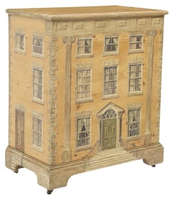 ENGLISH PAINT-DECORATED HOUSE FACADE PINE GRAIN CHEST