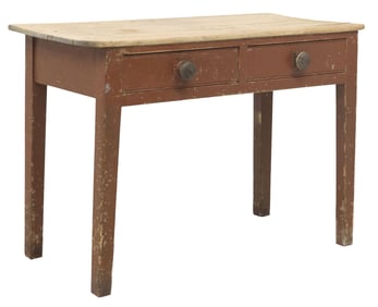 RUSTIC RED-WASH PINE TWO-DRAWER WORK TABLE