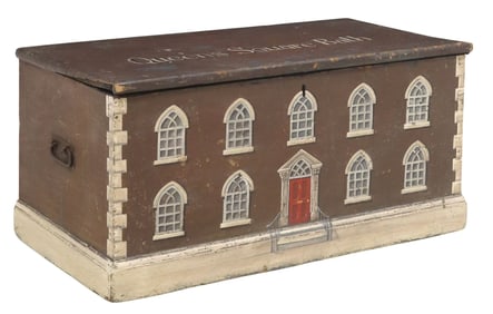 ENGLISH PAINT-DECORATED HOUSE FACADE TRUNK BLANKET BOX