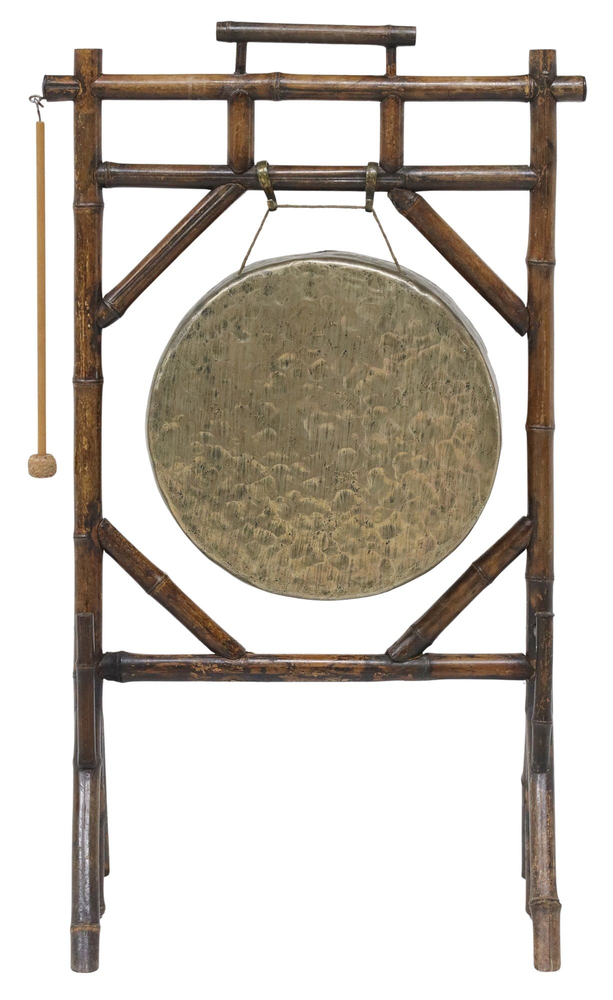 LARGE VICTORIAN BAMBOO FRAME DINNER GONG: Victorian bamboo frame dinner gong, late 19th/ early 20th c., accompanied by a cork mallet, approx 37"h, 21.75"w, 13.75"d