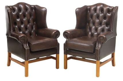 (2) ENGLISH BROWN LEATHER WINGBACK ARMCHAIRS
